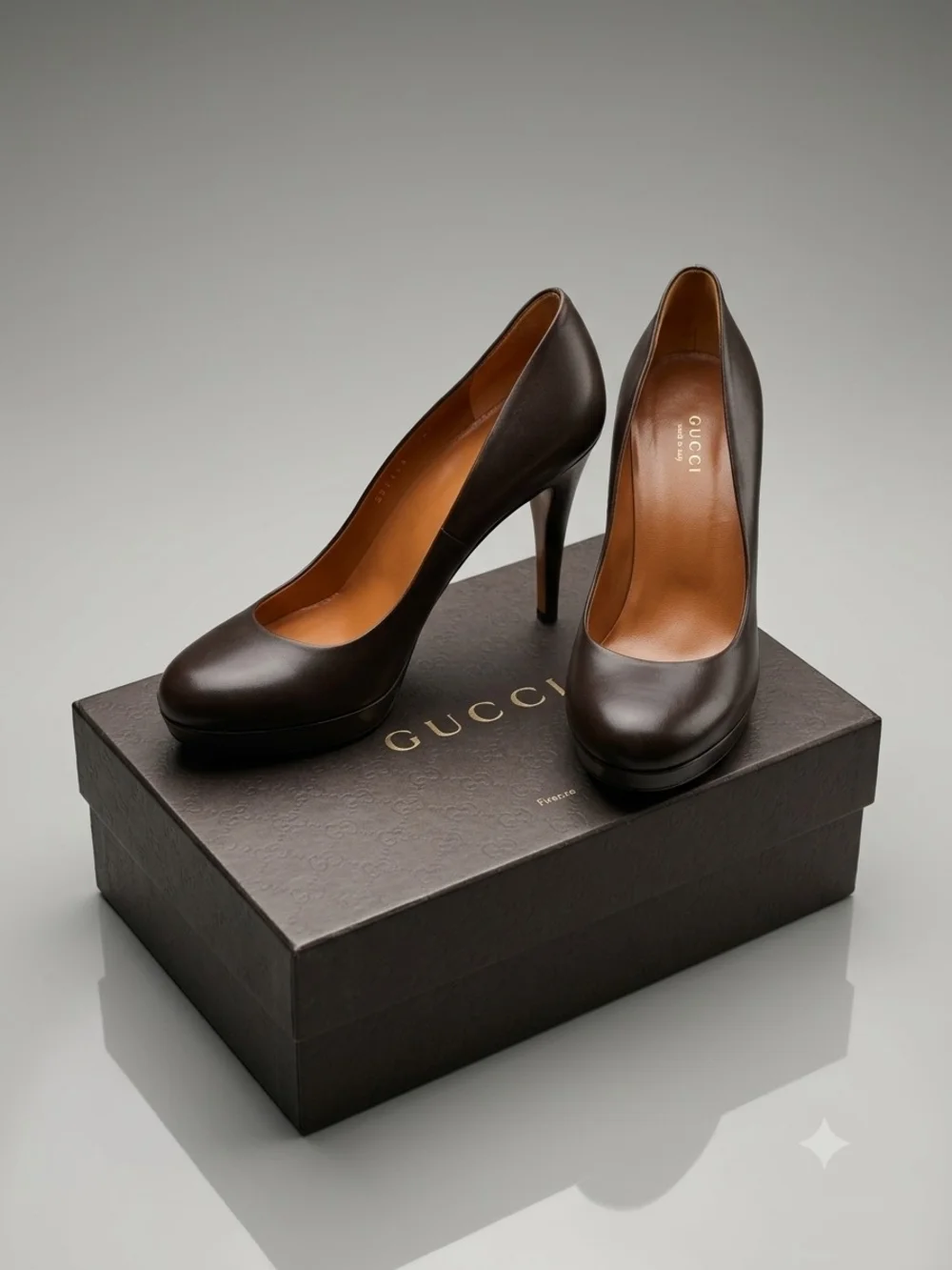 GUCCI Nappa Charlotte BRWN Leather Platform Pumps Heels  38.5/US 8.5 MSRP $520